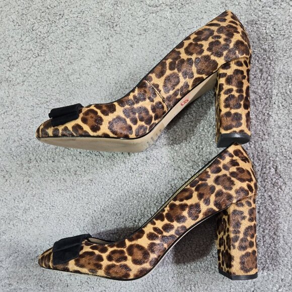 Ann Taylor Leopard Print Calf Hair Leather Round Toe Chunky Heel Pumps Bow - Picture 8 of 10